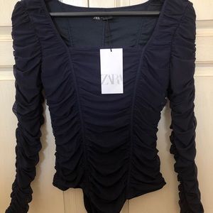 NWT Zara Draped Tulle Bodysuit, Navy Blue